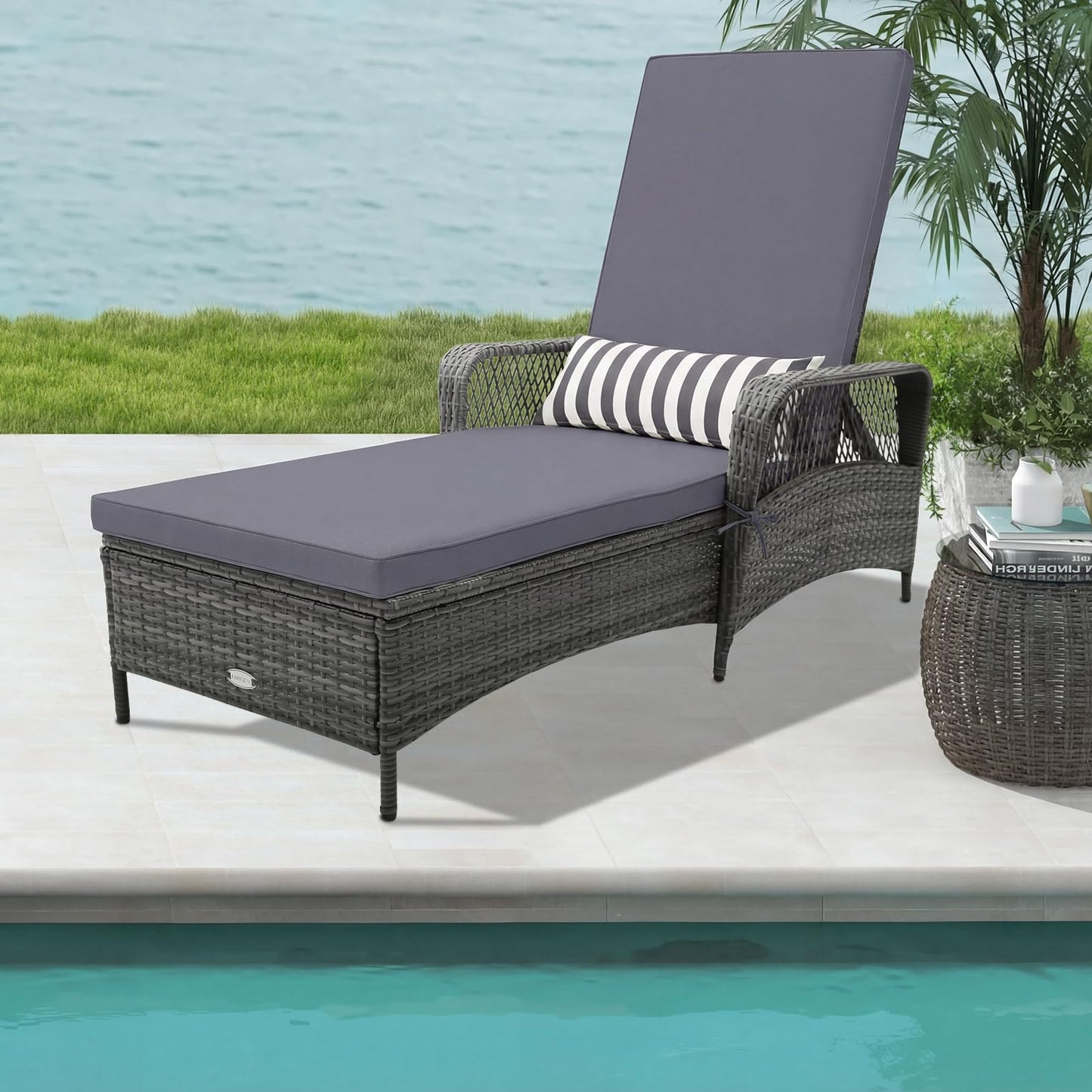 HAPPYGRILL 2PCS Patio Rattan Chaise Lounge, Outdoor PE Wicker Sun Lounger with Adjustable Backrest, Cushion & Pillow, Reclining Sunbed for Balcony Poolside Yard (Mix Gray & Gray)