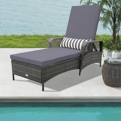 HAPPYGRILL 2PCS Patio Rattan Chaise Lounge, Outdoor PE Wicker Sun Lounger with Adjustable Backrest, Cushion & Pillow, Reclining Sunbed for Balcony Poolside Yard (Mix Gray & Gray)