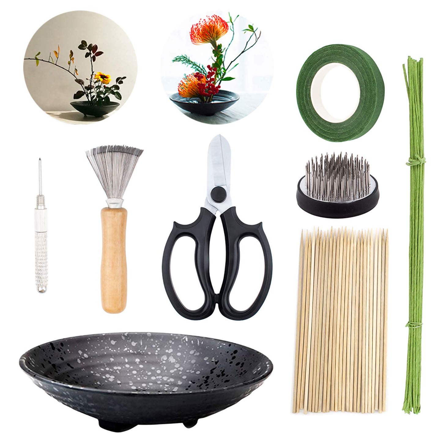 WANDIC Flower Arrangement Kit, Set of 51, Round Flower Holders, Ceramic Flower Pot, Kenzan Needle Cleaning Pin & Rake, Floral Stems and Floral Tape for Flower Arranging Art
