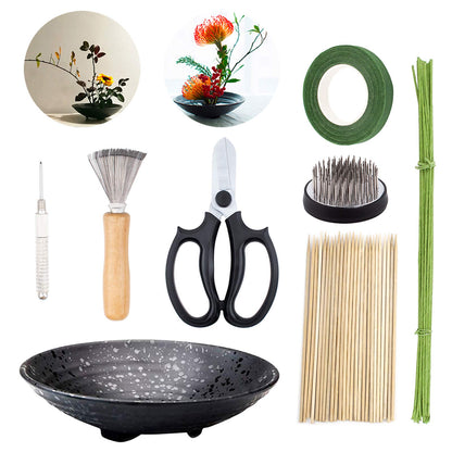 WANDIC Flower Arrangement Kit, Set of 51, Round Flower Holders, Ceramic Flower Pot, Kenzan Needle Cleaning Pin & Rake, Floral Stems and Floral Tape for Flower Arranging Art