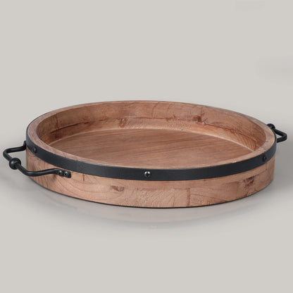 13.2'' Counter Round Coffee Table Tray - Farmhouse Wood Serving Tray with Metal Handles - Round Decorative Trays