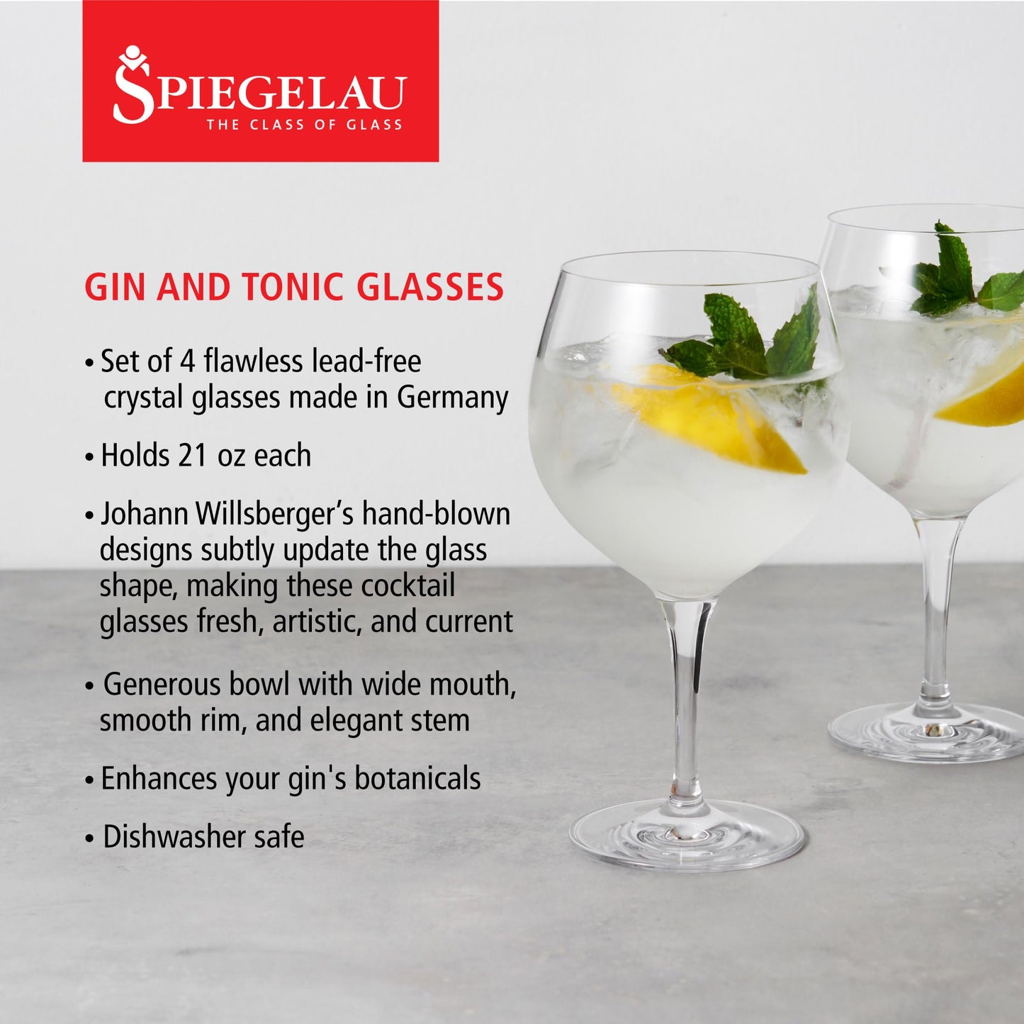 Spiegelau Gin and Tonic Glasses Set of 4, Crystal Balloon Cocktail Glasses for Gin Drinks, Spritzers and Mocktails, European-Made Glassware for Home Bar, Kitchen and Outdoor Party, 21 oz