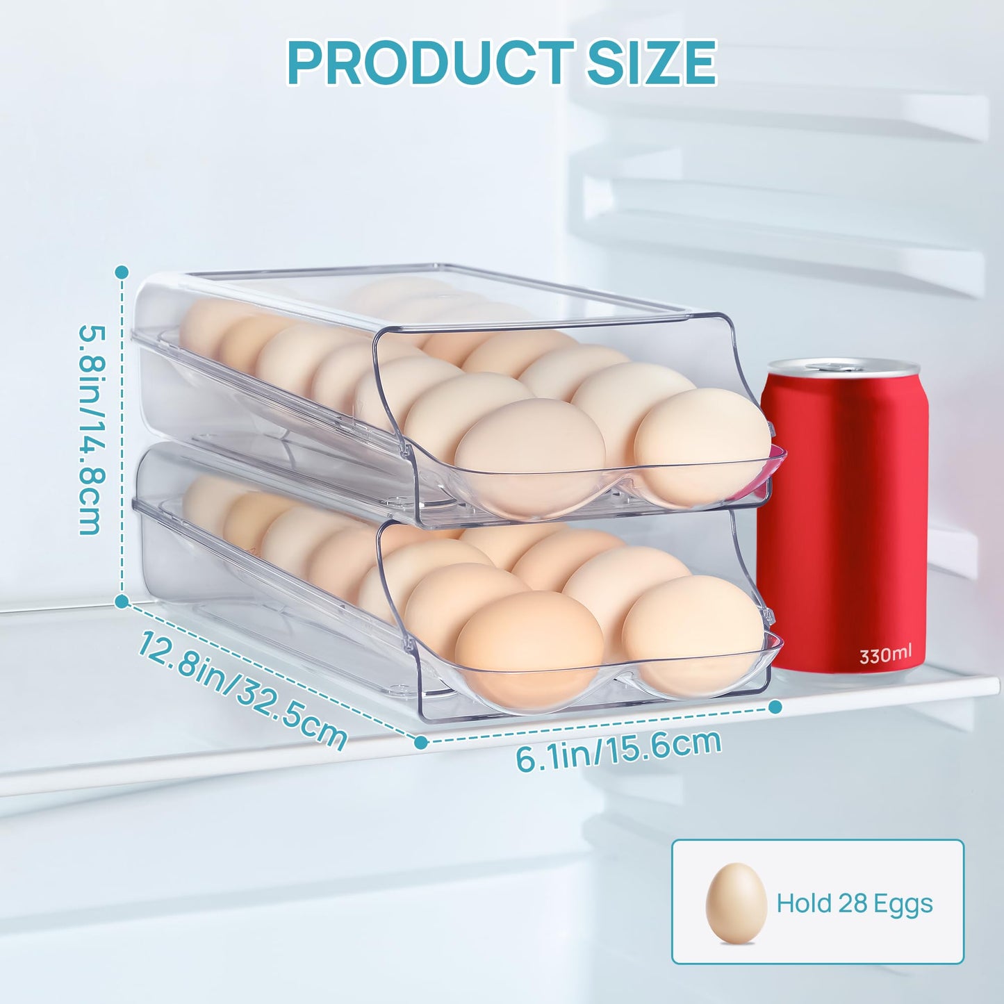 Vtopmart Clear Plastic Egg Holder for Fridge, Automatic Rolling Egg Container for Refrigerator, Stackable 14-Count Eggs Organizer with Removable Inner Tray, Fridge Organizers and Storage, 2Pack
