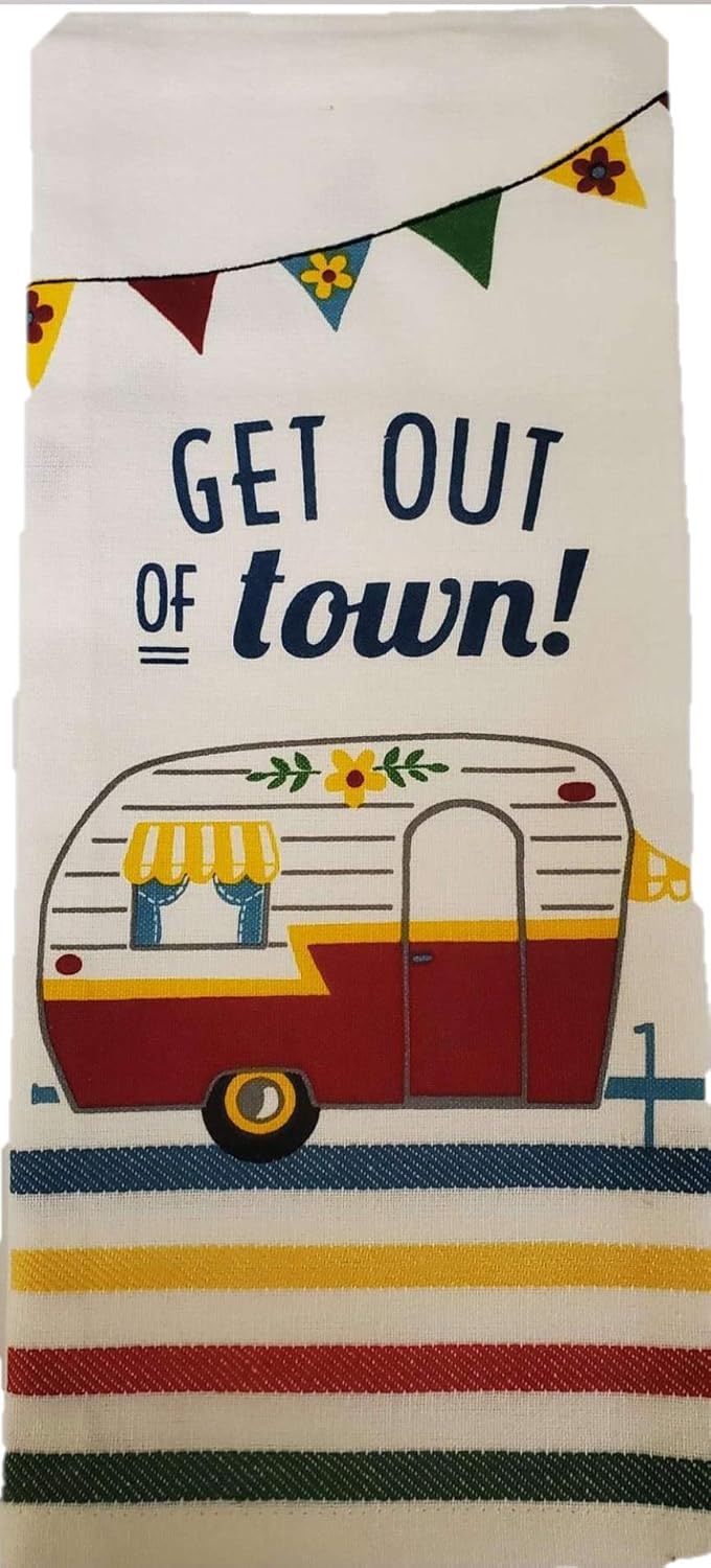 4 Piece Happy Camper Kitchen Towel Bundle - 1 Tea Towel, 1 Terry Towel, 2 Potholders
