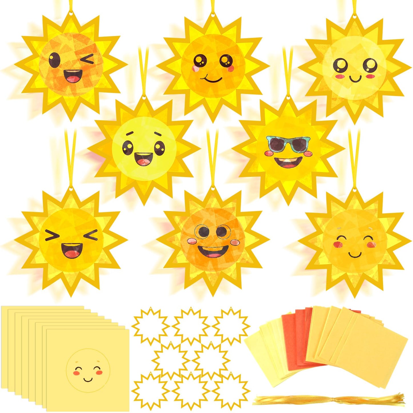 AmazingSpark 30 Pcs Sun Suncatchers Paper Craft Spring Sun Face DIY Stained Glass Effect Tissue Paper Kits Gift Bulk for Summer Sunshine Activities Art Party Decor