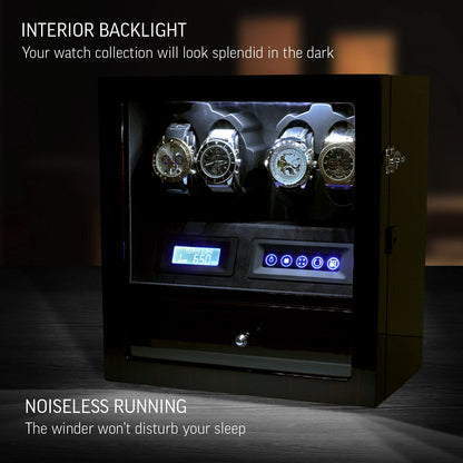 4 Watch Winder with 5 Watch Storage Space, LCD Display, Touch Control and Interior Light (Ebony + Black Velvet)