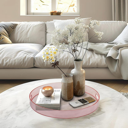 13" MAONAME Clear Round Serving Tray with Handles, Plastic Clear Tray, Round Pink Decorative Trays for Coffee Table