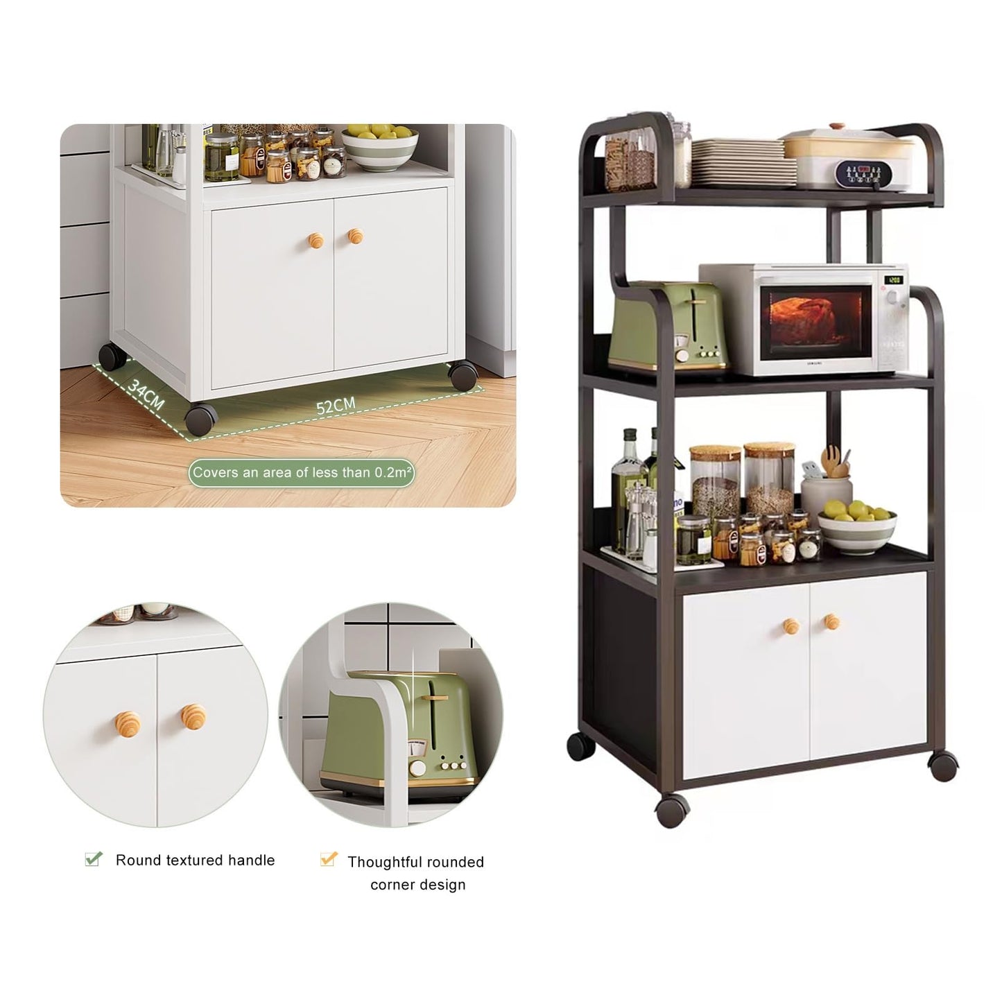 DHXIAMZ Rolling Microwave Storage Rack Kitchen Cabinet nizer Multi-Purpose Shelving Unit for Kitchen Living Room & Entryway Bakery Shelf White 52x34x126.5CM