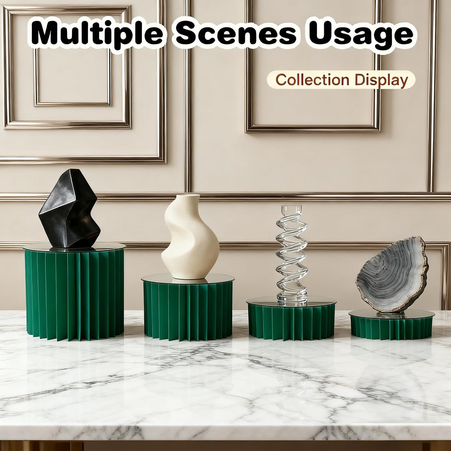 Wdpqyy 4 Pack Foldable Buffet Risers, Cardboard Cylinder Stands Food Display Risers with Acrylic Plates, Cake Cupcake Stands for Buffet Table, Dessert Table, Party Wedding Birthday Decor (Green)