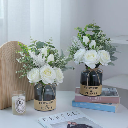 YXZZWL Artificial Flowers with Vase, Faux Silk Roses and Eucalyptus Centerpiece for Home Decor (White)