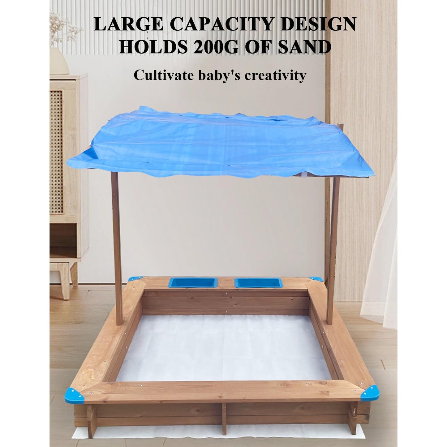 POLGDW Wooden Sandbox with Rotatable Canopy, Sand Box with Adjustable Canopy and Height, Foldable Bench Seats for Aged 3-8 Years Old