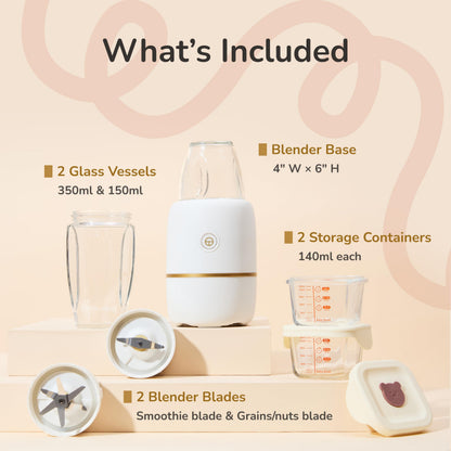 Kwiplee Bubble Blender, Baby Food Maker & Puree Blender with 2 Borosilicate Glass Cups, Compact Baby Bullet for Smoothies, Hands-Free One-Touch, 200W Motor, Cream