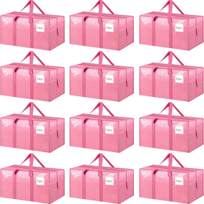 Skiennix Extra Heavy Duty Large Moving Bags - Strong Zipper & Comfortable Handles | 12 Pack, Pink