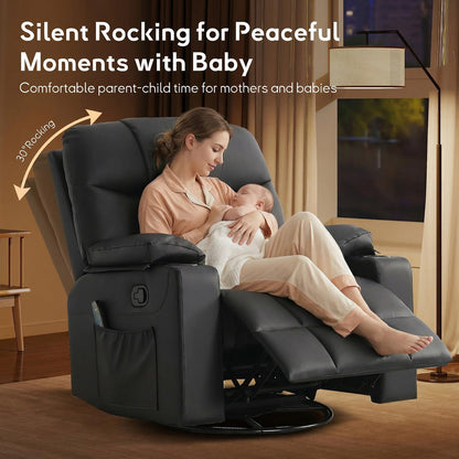 Bonzy Home Oversized Swivel Rocker Recliner, 40" Rocking Recliner Chair with Heated and Massage, PU Leather Single Sofa with Swivel Function, 2 Cup Holders for Living Room Bedroom, Black