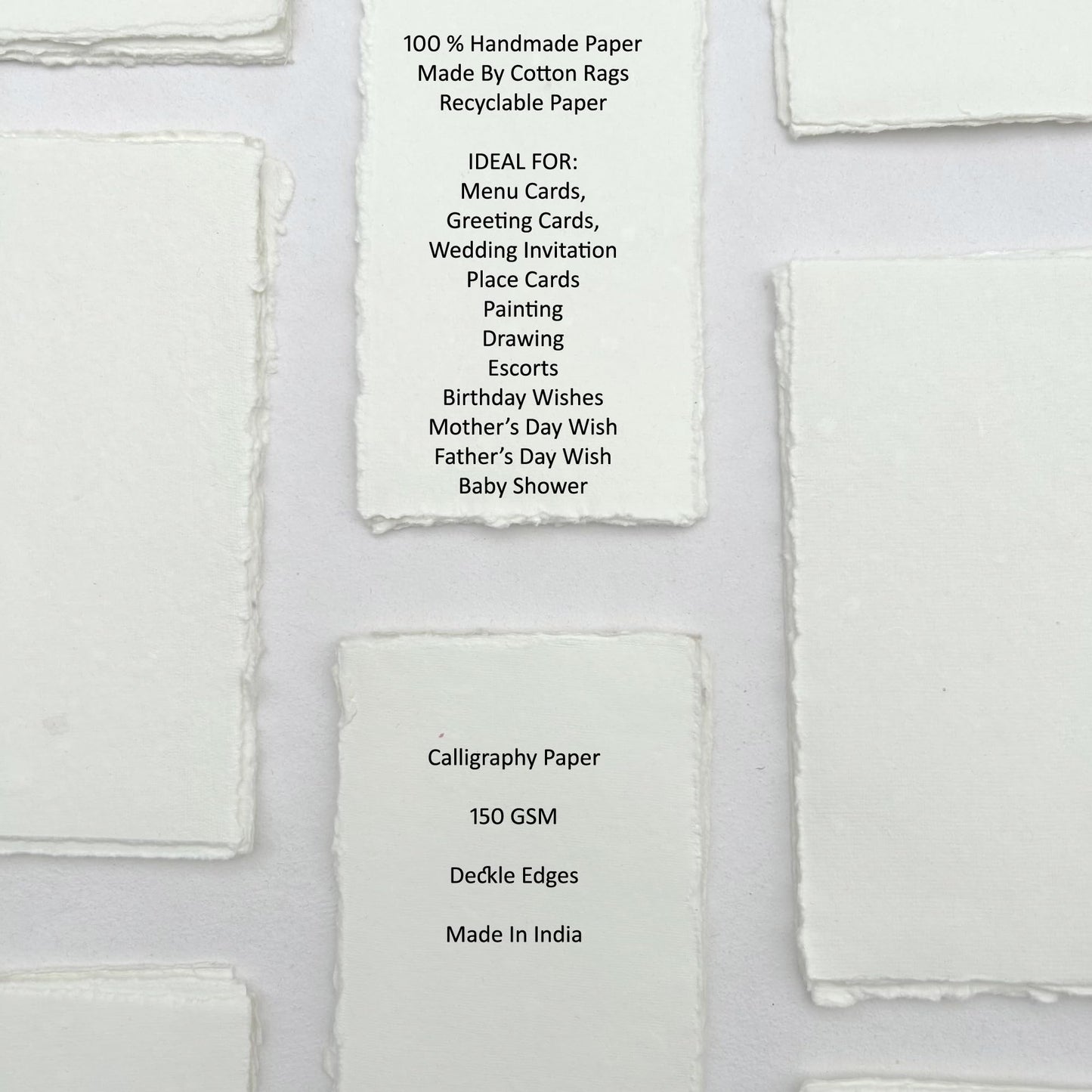 Deckle Papers® Deckle Edges Handmade Cotton Paper Blank Wedding Invitation-Menu Cards, Business Note Cards, Escort Cardstock, Calligraphy, Watercolor Textured -150gsm (Pack of 100) (2x3")