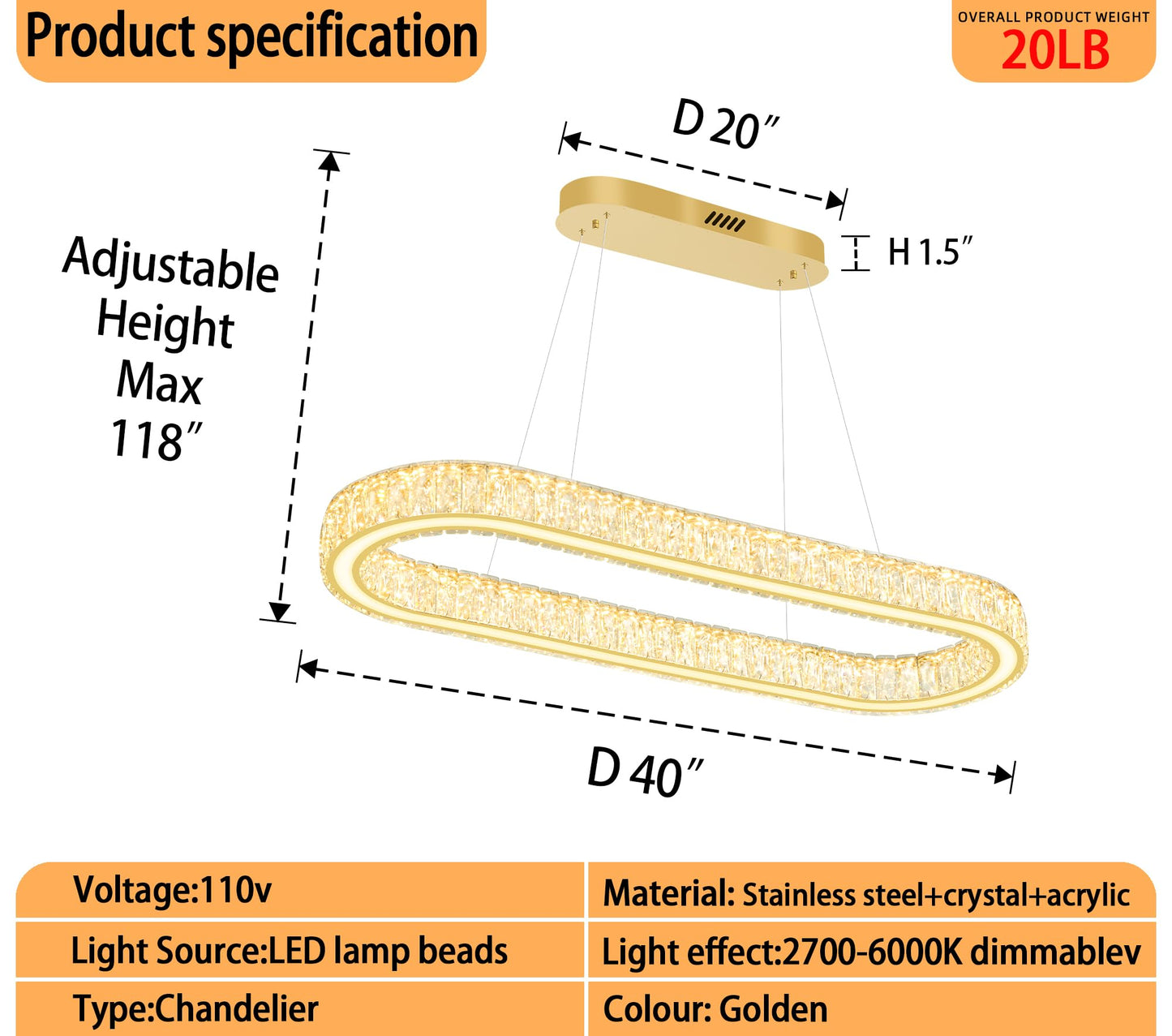 IDEQUY Gold 40in Crystal Ring Chandeliers for Dining Room Dimmable Linear Oval Crystal Ring Pendant Light for Kitchen Island 1 Linear Chandelier LED Acrylic Pendant Lighting
