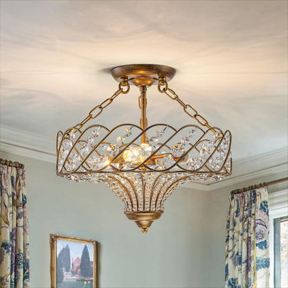 Yezgge 15.7" Vintage Semi Flush Mount Ceiling Light,Antique Gold Crystal Basket Chandelier,3-Light Rustic Metal Ceiling Light Fixture for Dining Room,Kitchen,Bedroom,Foyer,Hallway