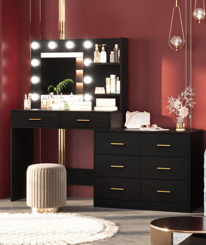 Vanity Desk Table with Lighted Mirror 45.6“ Girls Makeup Vanity with Power Outlet, 3 Colors Lighting Adjustable,8 Stroge Drawers, Brightness Vanity Table for Women Bedroom Dressing Room