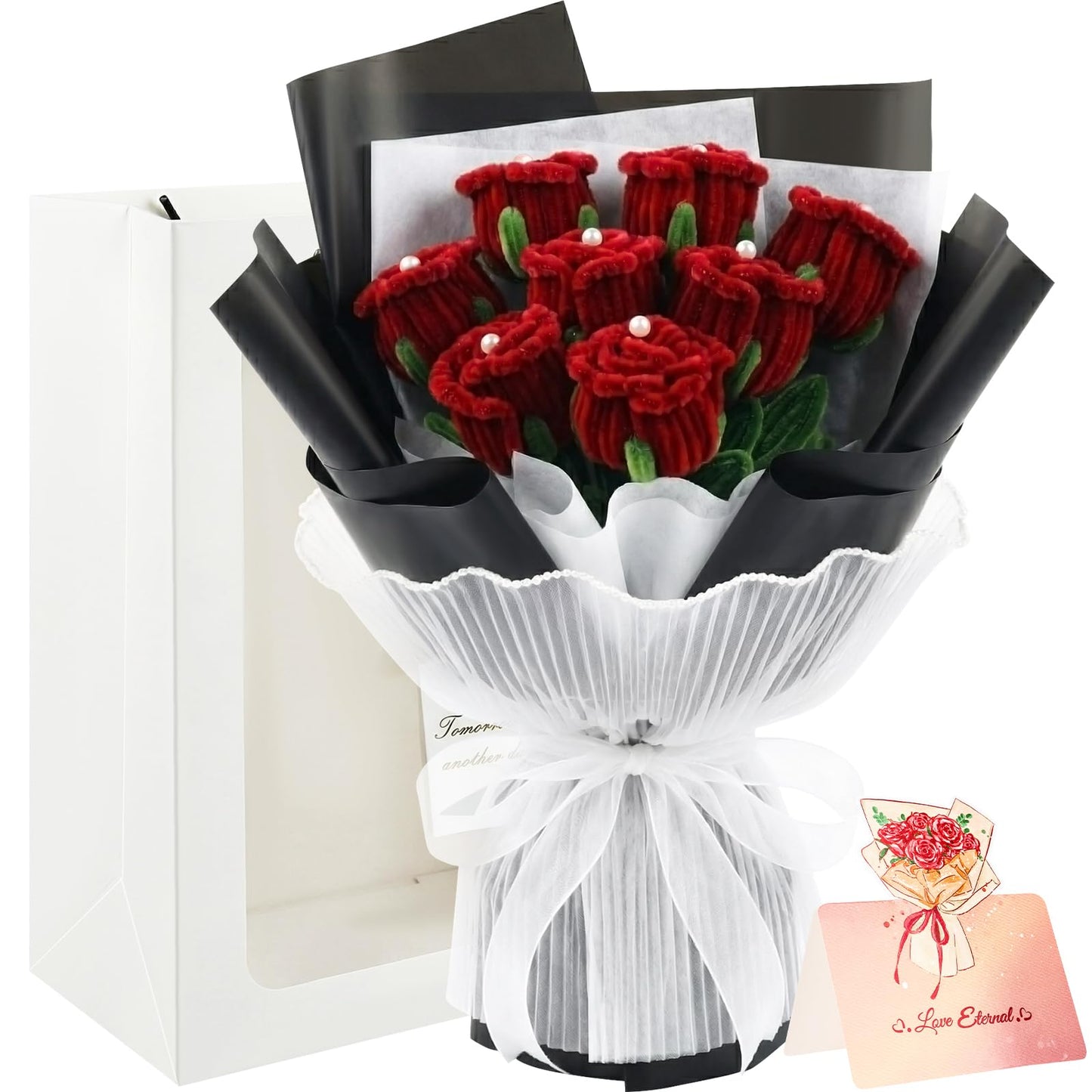 CANEGGG Finished Pipe Cleaner Flower Bouquet, Handmade Knitted 8 Red Rose Bouquet, Gifts for Mom, Birthday Gifts for Women, Forever Rose for Her Grandma Girlfriend on Anniversary Graduation
