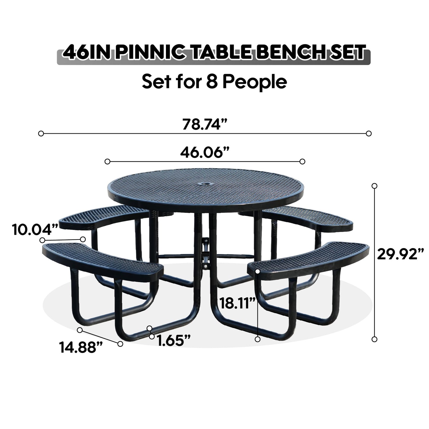 Sunnibety 8-Person Picnic Tables for Outdoors, Industrial 46" Expanded Metal Round Picnic Table with 4 Benches & Umbrella Hole, Outside Table and Bench Set for Park, Garden, Backyard, Patio, Black
