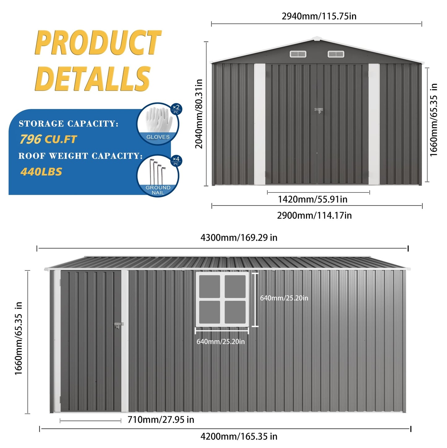 Vigo huseeo 10x14x6.7FT Outdoor Storage Shed, Galvanized Steel Garden Shed with Lockable Door & Window, Waterproof Metal Tool Storage for Garden, Backyard, Patio, Lawn(Grey)