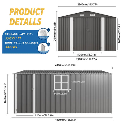 Vigo huseeo 10x14x6.7FT Outdoor Storage Shed, Galvanized Steel Garden Shed with Lockable Door & Window, Waterproof Metal Tool Storage for Garden, Backyard, Patio, Lawn(Grey)