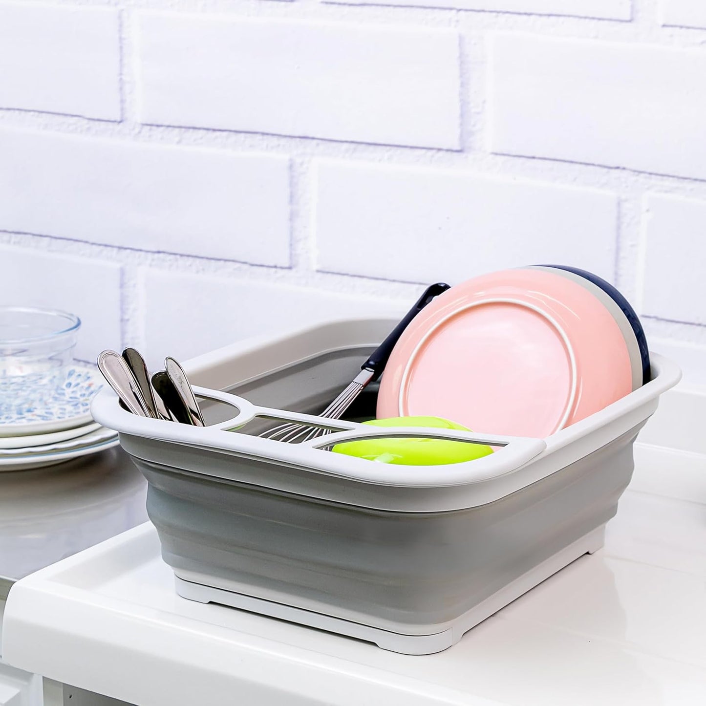 SAMMART Collapsible Dish Drainer with Drainer Board - Foldable Drying Rack Set - Portable Dinnerware Organizer (Grey)