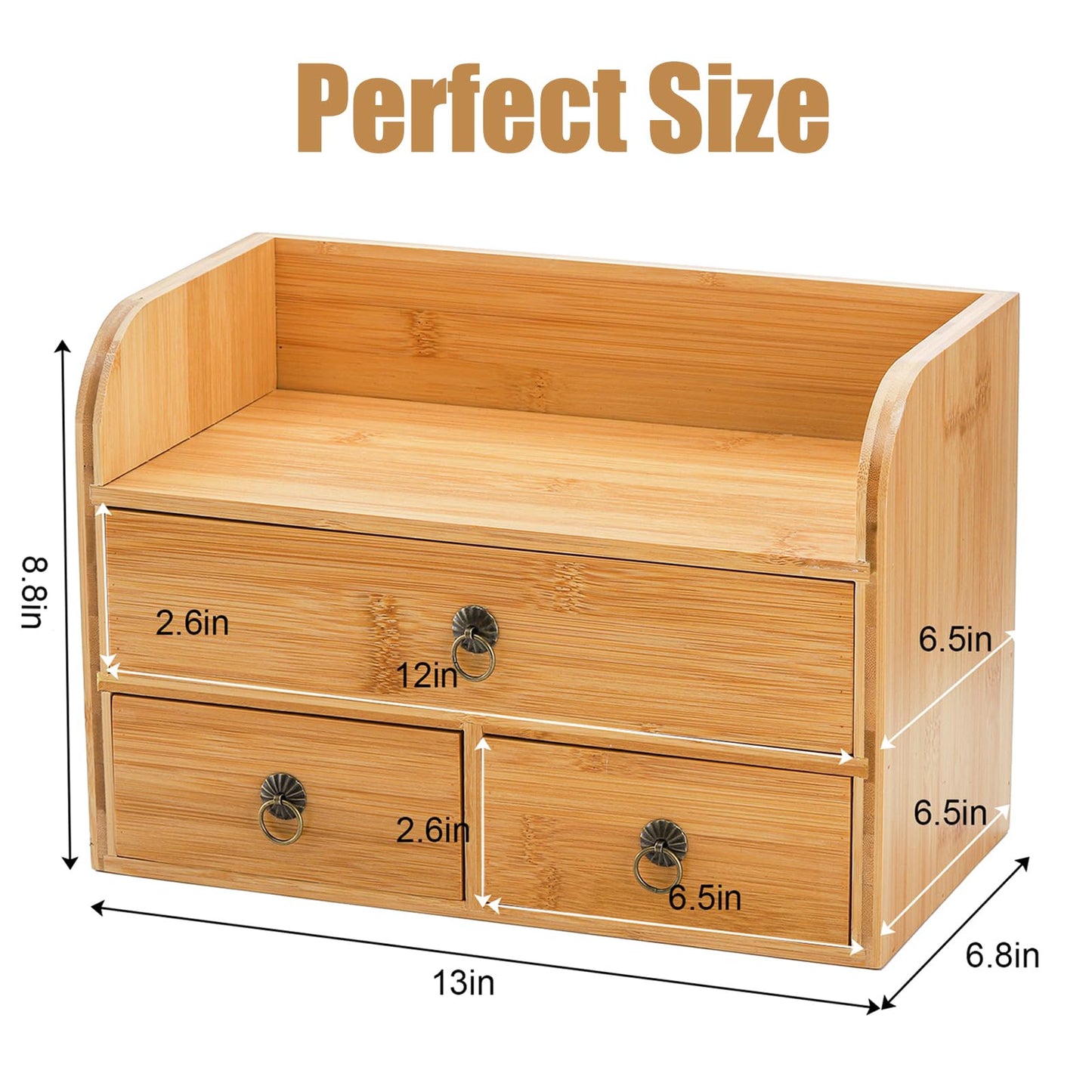 Nicunom Bamboo Desk Organizer, 3-Tier Bamboo Tabletop Storage Organization Multifunctional Desktop Organizer with Drawers for Home Office Toiletries Supplies Vanity