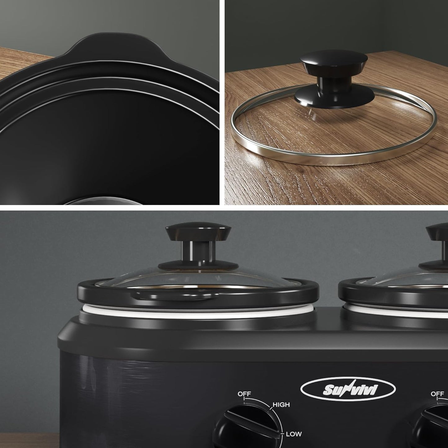 Sunvivi Dual Slow Cooker, Buffet Server & Warmer with 2 Removable Ceramic Pots, 3 Adjustable Temp Settings, 2.5 QT Black