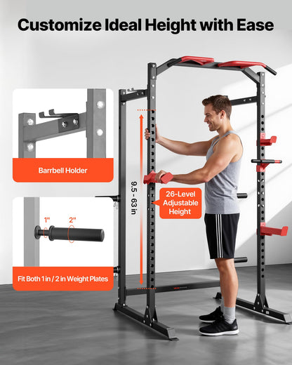 VEVOR Power Cage Power Rack, Multifunctional Barbell Squat Rack with Adjustable Height, Home Gym Strength Training Workout Equipment with J-Hooks & More Fitness Attachment for Bench Press Pull-Up Dips