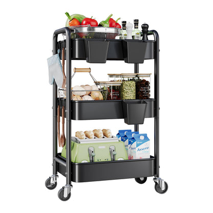 3 Tier Rolling Cart on Wheels, Metal Utility Storage Cart with Wheels, Three Tiered Craft Carts Organizer with Hanging Cups, Hooks, Mesh Basket for Bedside, Kitchen, Bathroom, Office, Art, Snack,Black