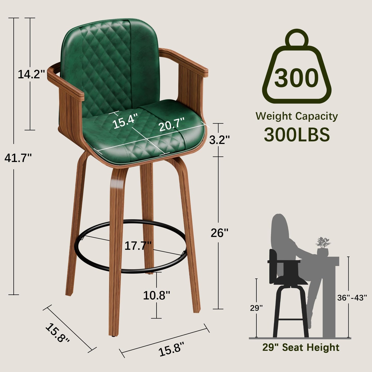OUTGUAVA Swivel Bar Stools Set of 2, 29" Swivel Counter Height Bar Stools with Arms and High Back, Upholstered Faux Leather Barstools, Modern Bar Chairs for Kitchen Island, Green