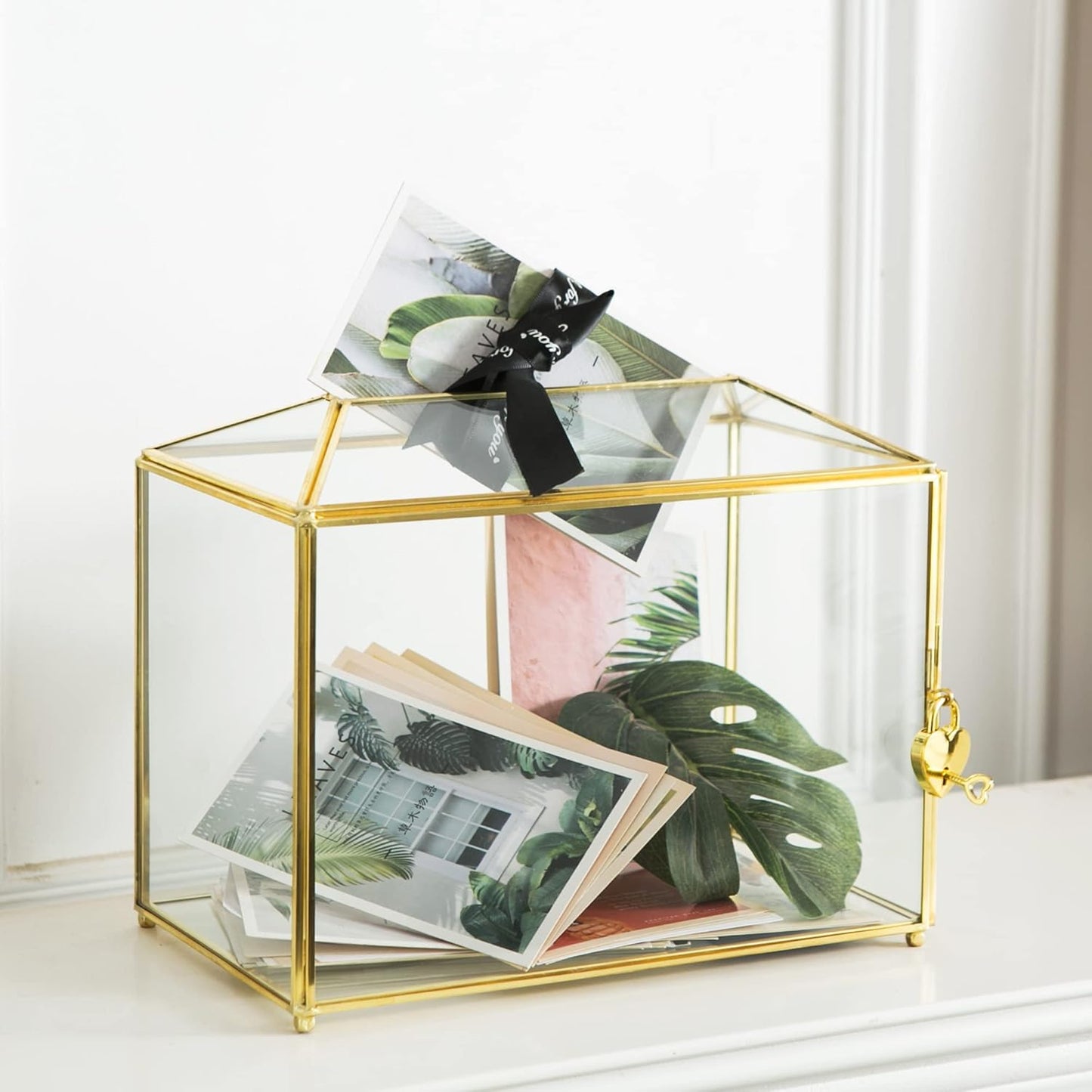 Glass Wedding Card Box with Slot, Large Clear 10.2 inch Gold Brass Gift Card Storage Box with Lock for Wedding