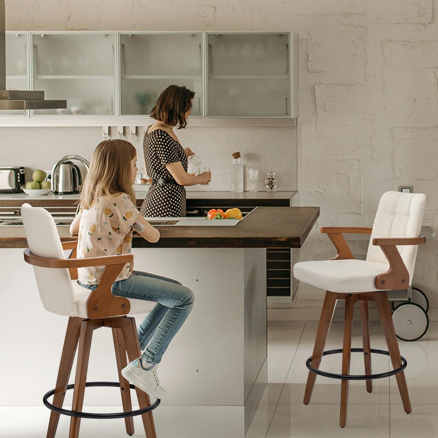 MEKLIBA 26” Counter Height Bar Stools,Leather Upholstered Bar Chair, Swivel Bar Stools with Back and Arms，Modern Beige Barstool Set of 2 for Kitchen Island