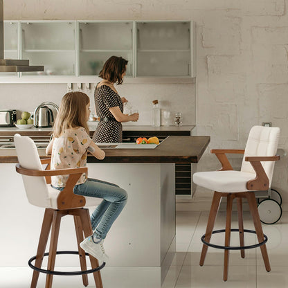 MEKLIBA 26” Counter Height Bar Stools,Leather Upholstered Bar Chair, Swivel Bar Stools with Back and Arms，Modern Beige Barstool Set of 2 for Kitchen Island