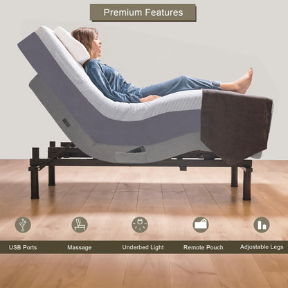 Premium Full Adjustable Bed with 14 Inch Prime Gel Memory Foam Mattress, Massage, Zero Gravity, Anti-Snore, Programmable Memory Positions, USB, Underbed Lighting, Zero Clearance