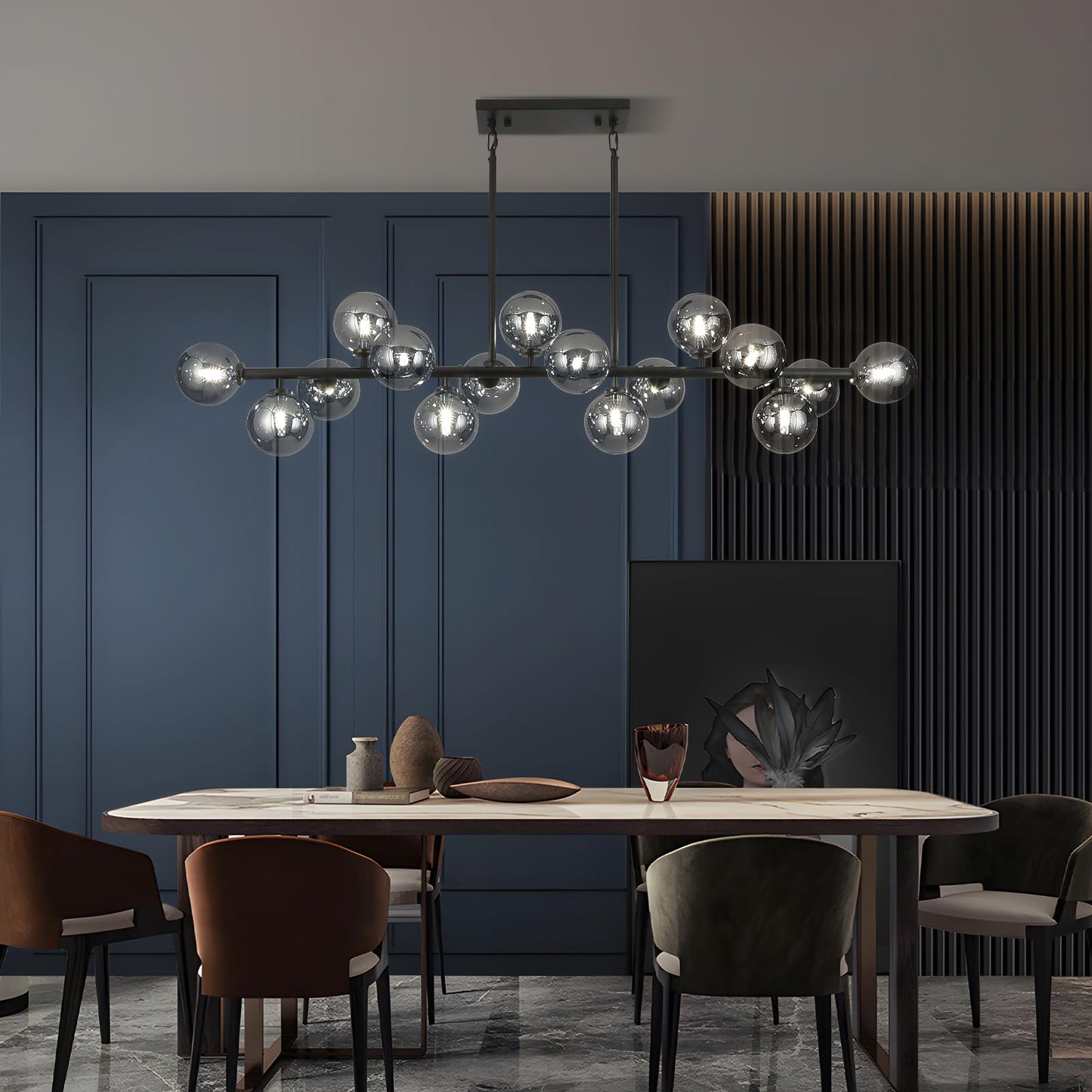 APLampara Mid Century Modern Chandelier 55in Linear Bubble Chandeliers 16-Light Black & Gray Sputnik Pendant Lighting Fixture for Dining Room Kitchen Island