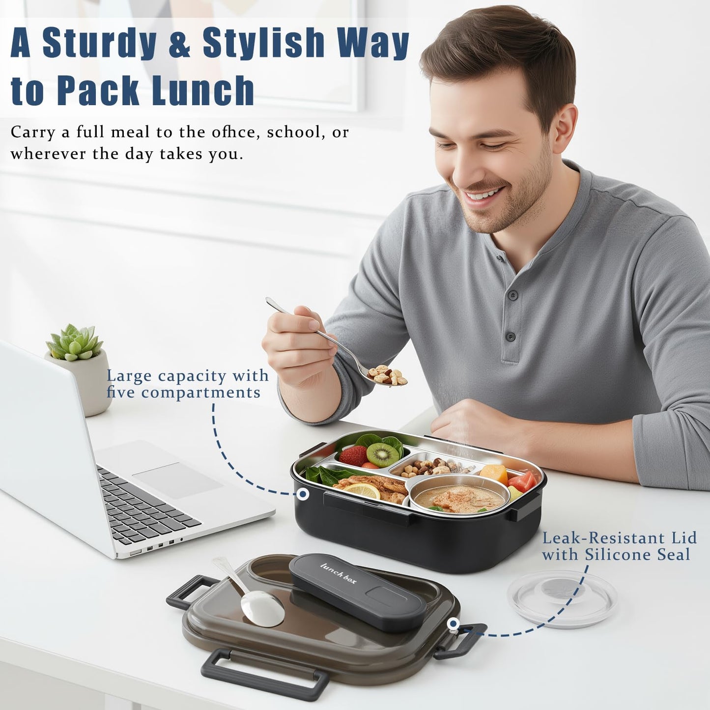 Bento Lunch Box with 8oz Soup Thermo,5-Compartment Leak-Proof Container, Thermo Hot Food Jar and Insulated Lunch Bag with Utensil,Microwave & Dishwasher & Freezer Safe