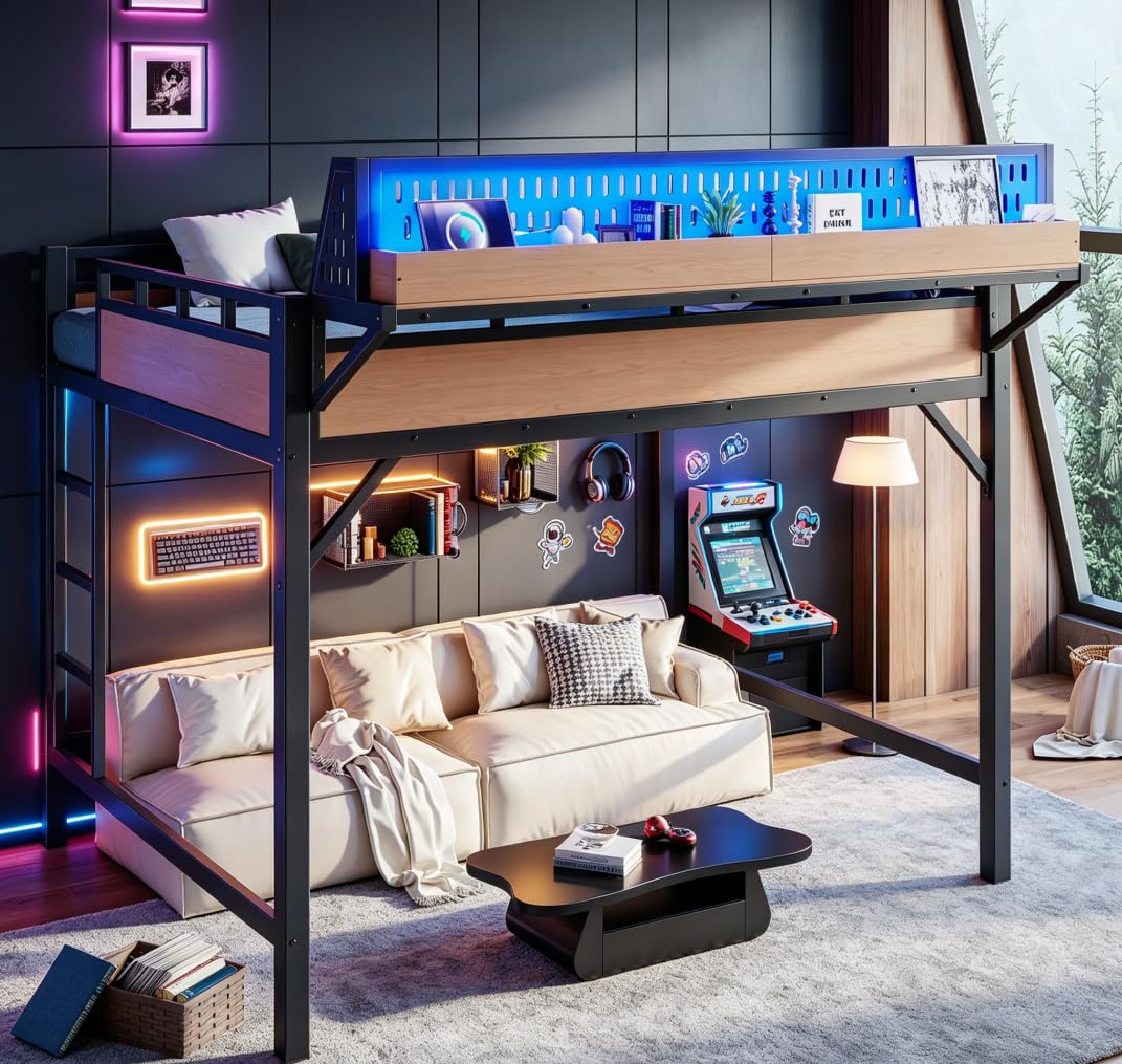 Bellemave Queen Size Loft Bed with Ladder and Storage Shelves and Storage Shelves and Pegboard, Metal Loft Bed Frame with USB Ports and LED Lights for Adults, Kids, Teens, Black