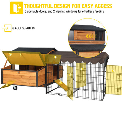 Large Mobile Chicken Coop with Run, Wheels & Leakproof Pull-Out Tray – Weatherproof Hen House with Nesting Box for Chickens, Ducks, Rabbits