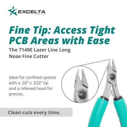 Excelta 7149E Lazer Line Flush Cutter with Long Nose Fine .03” x .022” Tip, Relieved Head & Ergonomic Anti-Static Handle, CNC-Machined Carbon Steel Precision Tool PCB & SMD Work, Made in USA