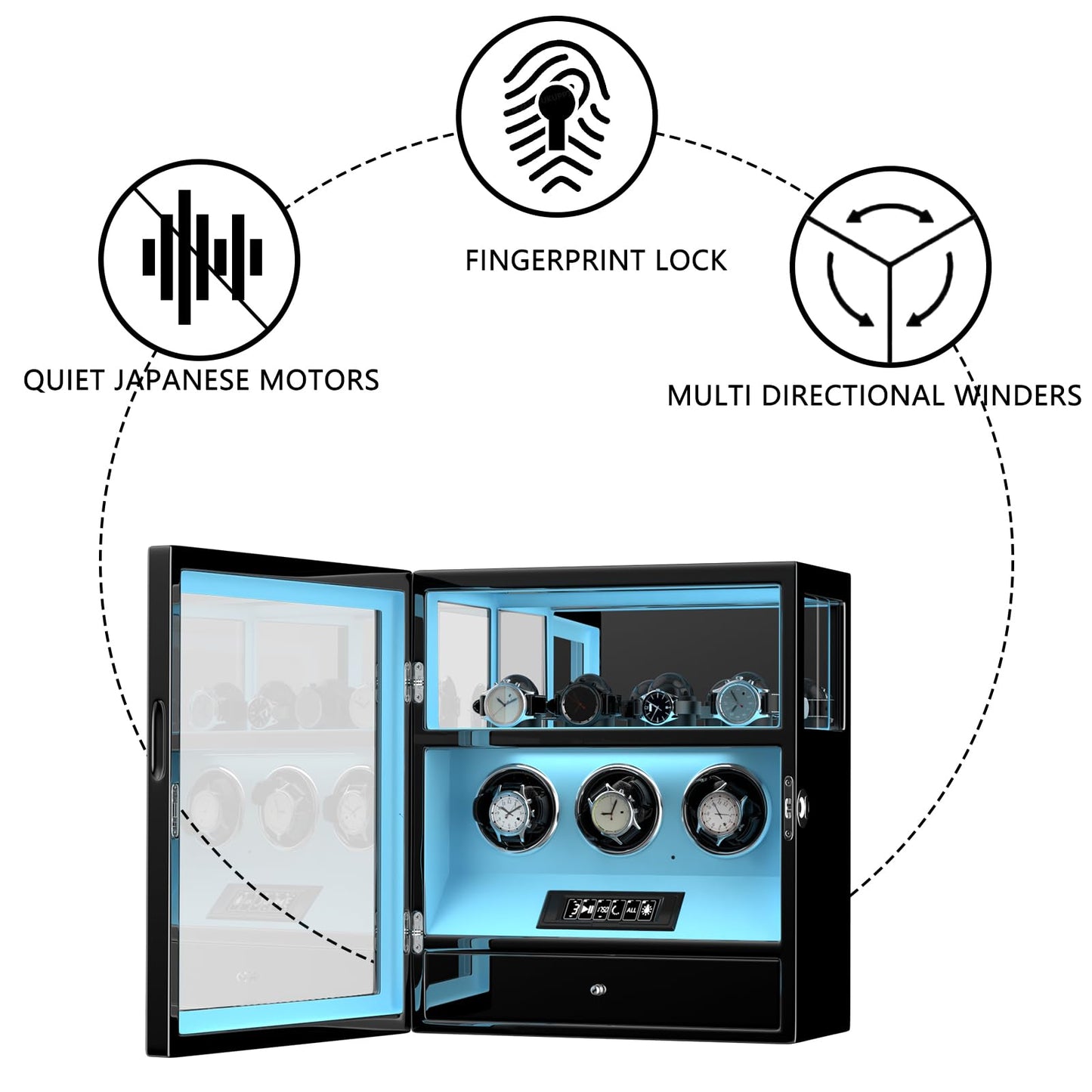 DUKWIN Watch Winder, Fingerprint Lock Automatic Watch Winder for 3 Watches with 4 Holders,300-2300 TPD,Digital Display, Remote Control,Jewelry Storage and Adjustable Watch Pillow and LED Light,Blue