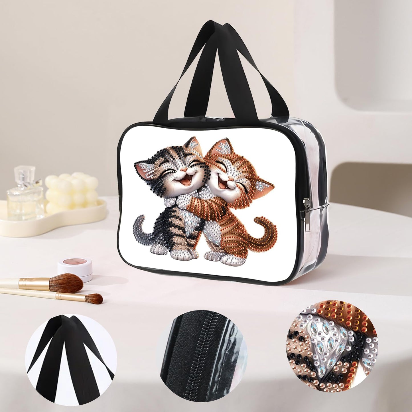 DIY diamond painting makeup bag kit, cheerful cat pattern sequined makeup storage bag with zipper, portable travel toiletries bag, as a handmade creative gift