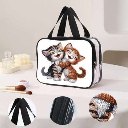 DIY diamond painting makeup bag kit, cheerful cat pattern sequined makeup storage bag with zipper, portable travel toiletries bag, as a handmade creative gift