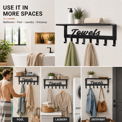 Towel Rack with Shelf for Bathroom - Metal Towels Rack Hanger, Space Saving Towel Holder Rack, Wall Mounted, 8 Hooks, Towel Organizer for Coat Robe Bathrobe in Home Pool Bedroom Beach Living Room