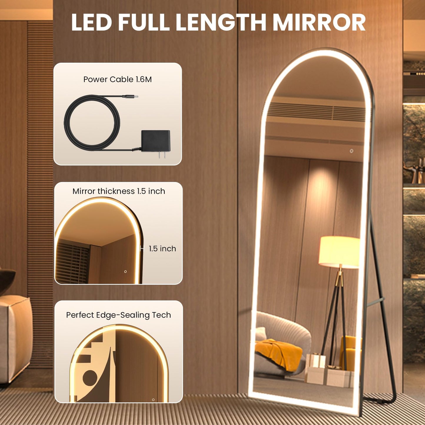 Pertetey 83x36 Inch LED Arched Full Length Mirror with Lights, Black Frame Dimmable & 3 Color Modes LED Full Body Dressing Standing or Wall Mounted Long Mirror