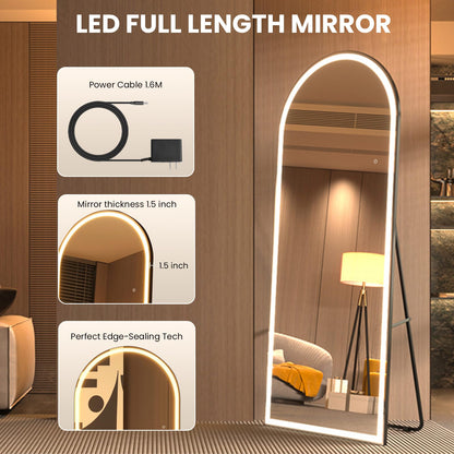 Pertetey 83x36 Inch LED Arched Full Length Mirror with Lights, Black Frame Dimmable & 3 Color Modes LED Full Body Dressing Standing or Wall Mounted Long Mirror