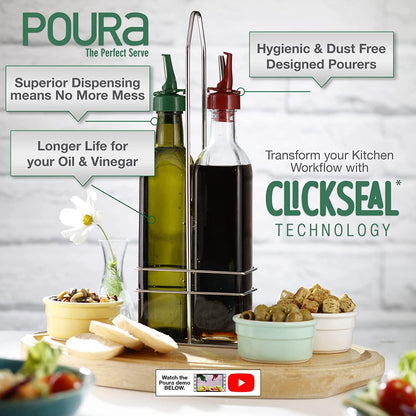Poura Vinegar and Olive Oil Bottle Drizzler Set with ClickSeal BPA Free Pour Spouts | Glass Oil & Vinegar Dispenser Bottles for Cooking & Dining | Hygienic Covers + Silicone Decanter Funnel 250ml