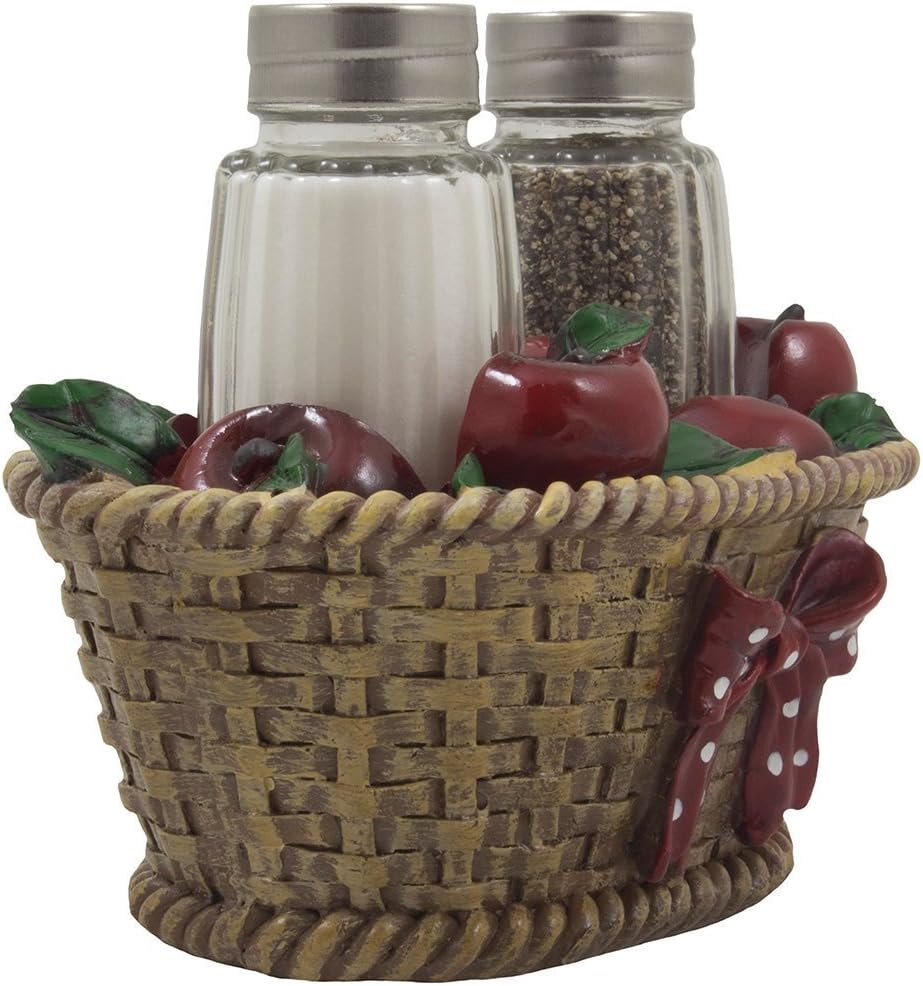 Apple Basket Glass Salt and Pepper Shaker Set with Holder, Country Kitchen Decor
