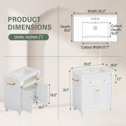 YESHOMY 30" Bathroom Vanity with Sink, Freestanding Bathroom Vanity with Integrated Ceramic Basin, 1 Flip-Down Drawer, 2 Doors & Adjustable Shelf, Bathroom Storage Cabinet with Sink Combo Set, White
